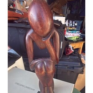 Hand Carved Wooden Thinking Man Statue